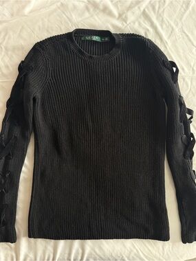 Ralph Lauren Black Sweater Lace-up Sleeve Crewneck 100% Cotton